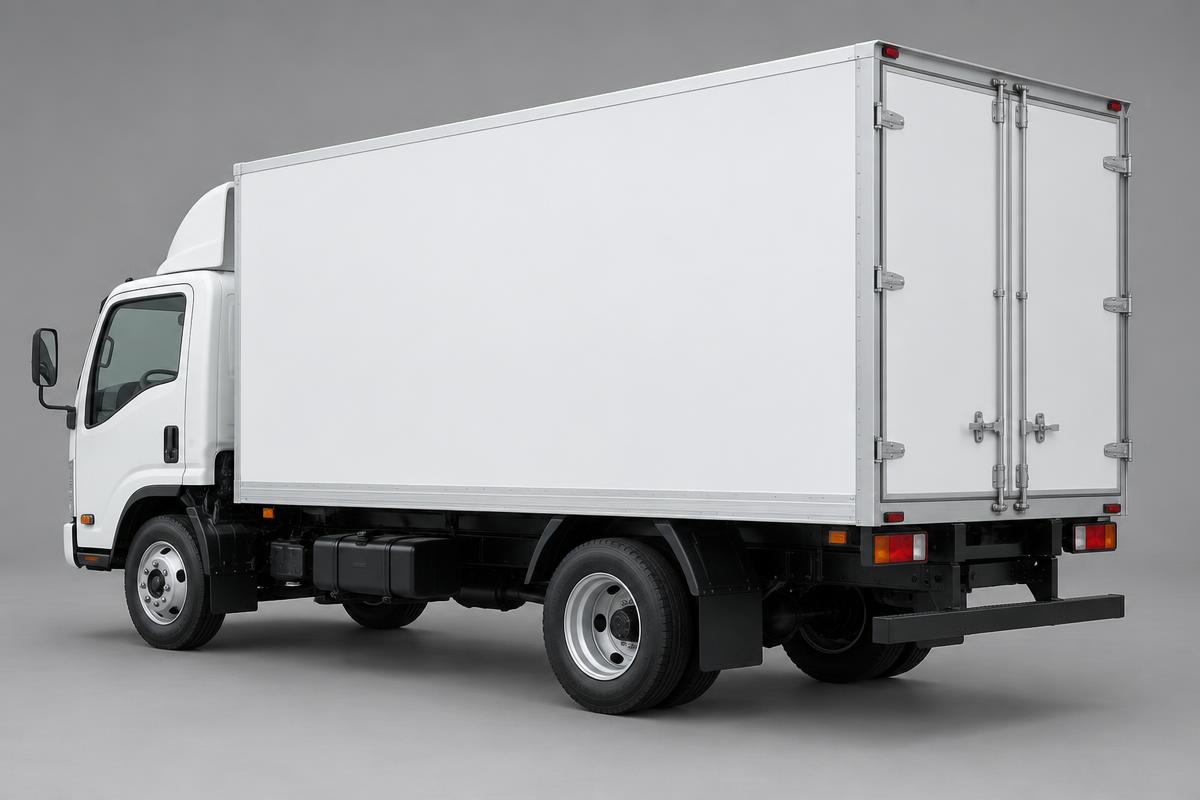Camion utilitaire blanc de type Iveco Daily 20 m³, vue trois quarts arrière, photo non contractuelle