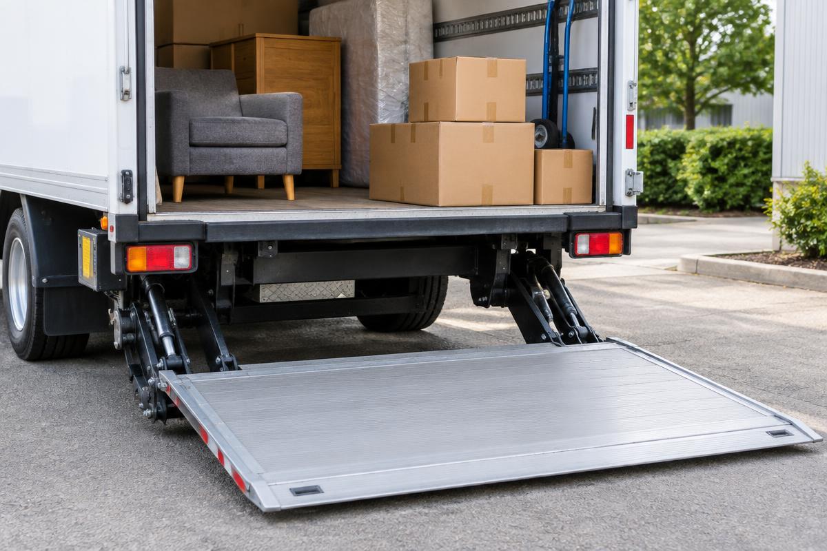 Hayon élévateur abaissé à l'arrière d'un camion 20 m³ chargé de cartons et de mobilier